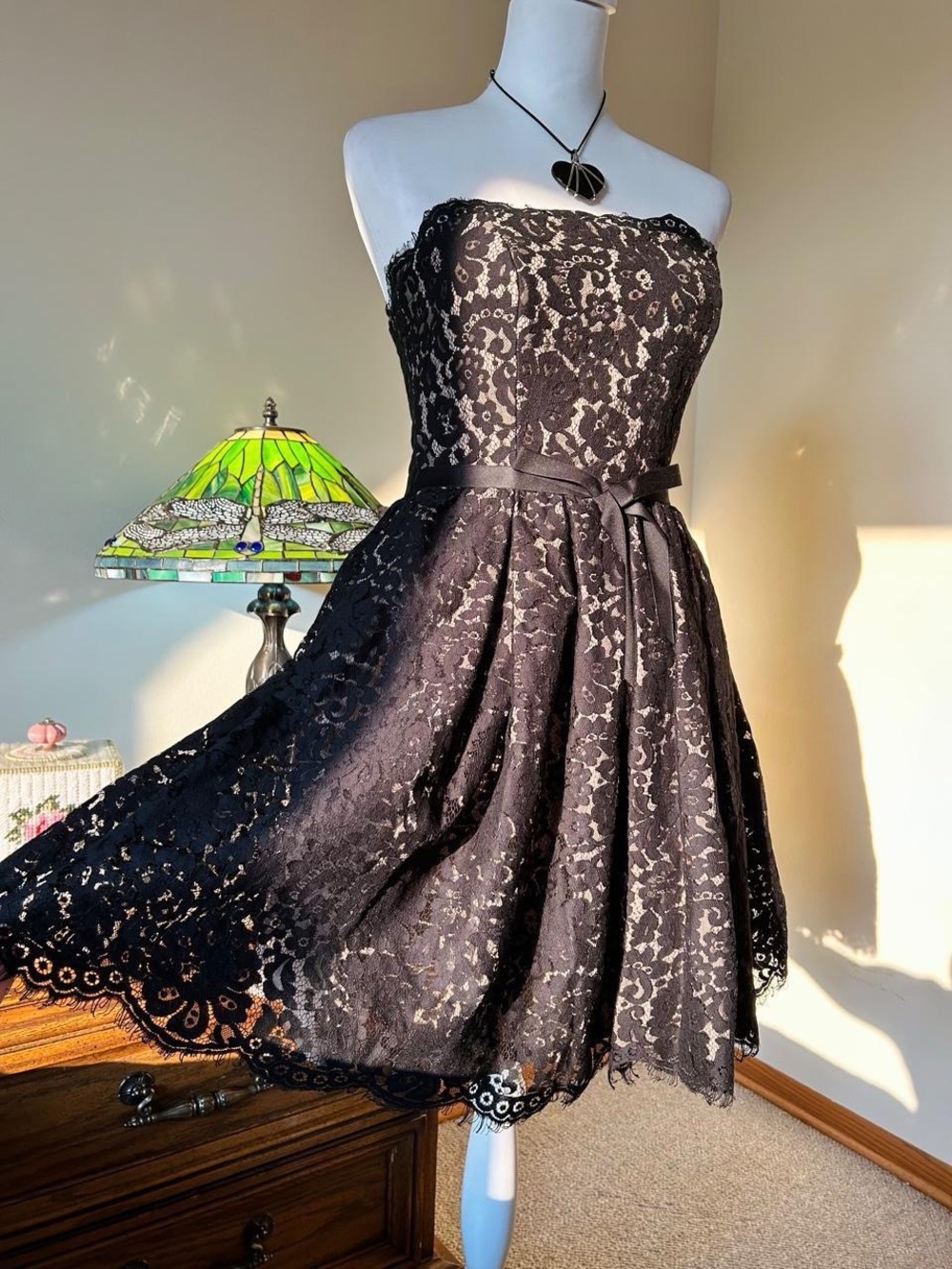 Whimsygoth vintage lace strapless mini dress with cream floral pattern